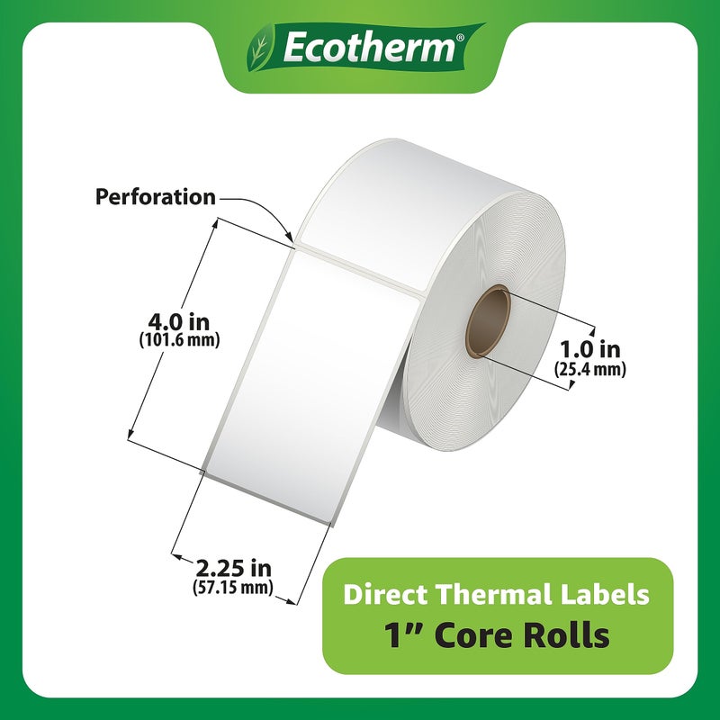 Ecotherm ملصقات حرارية مقاس 2.25 بوصة × 4 بوصة | 4 رول | 1440 تسمية | تناسب طابعات Zebra وMunbyn وRolo وGodex وArkscan وiDPRT وOffnova والمزيد | ملصقات لاصقة بيضاء فارغة من إيكوثيرم - Image 3